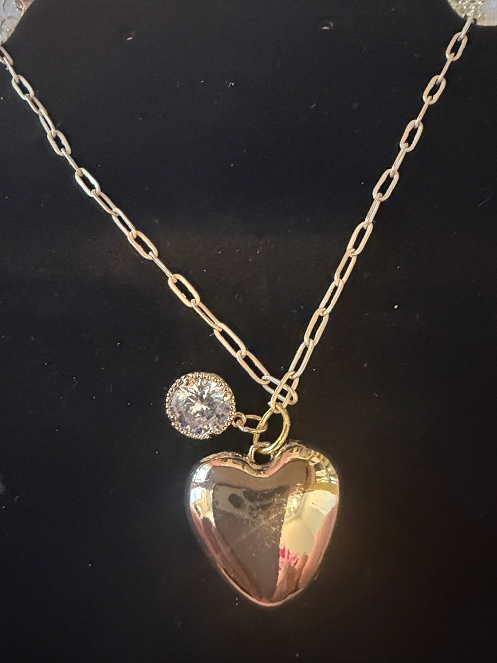 Gold Heart Pendant Necklace with Clear Crystal Charm - Women Jewelry